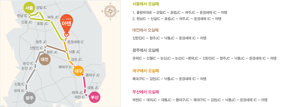 아텐오시는길. 서울에서 오실 때 1. 올림픽대로 - 강일IC - 호법JC - 여주JC - 문경새재 IC- - 아텐, 2. 한남 IC - 신길 IC - 호법JC - 여주JC - 문경새재 IC - 아텐. 대전에서 오실 때 신탄진IC - 청주IC - 낙동JC - 문경새재 IC - 아텐. 광주에서 오실 때 유덕IC - 신월IC - 논산JC - 논산IC - 회덕JC - 신탄진IC - 청주JC - 낙동JC - 문경새재IC - 아텐. 대구에서 오실 때 북대구IC - 김천JC - 낙동JC - 문경새재IC - 아텐. 부산에서 오실 때 덕천IC - 대저JC - 대동JC - 동대구JC - 북대구IC - 김천JC - 낙동JC - 문경새재IC - 아텐.